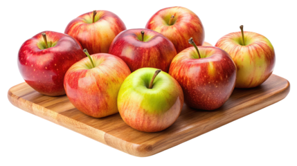 A vibrant assortment of fresh red and yellow apples artfully arranged on a wooden cutting board isolated on transparent background