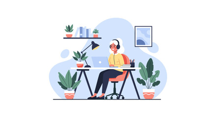 Woman working from home, using laptop and headphones. Ideal for blogs, websites, and social media posts about remote work.