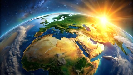 Fototapeta premium Sunrise over earth from space showing europe and africa