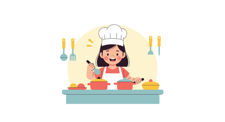 Happy young girl wearing chef hat cooking meal in the kitchen cartoon illustration design vector for culinary class advertisement