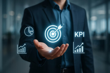 Business professional demonstrating KPI success and analytics with virtual target and chart icons