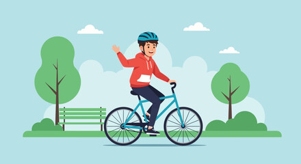 Happy Young Man Riding A Bicycle And Waving In A Park On A Sunny Day
