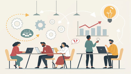 Diverse team brainstorming and collaborating on a project, perfect for illustrating teamwork and innovation on a company website or presentation.