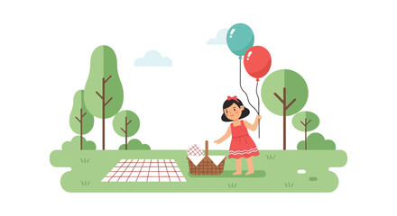 Naklejka premium Girl With Balloons Preparing For A Summer Picnic In The Park
