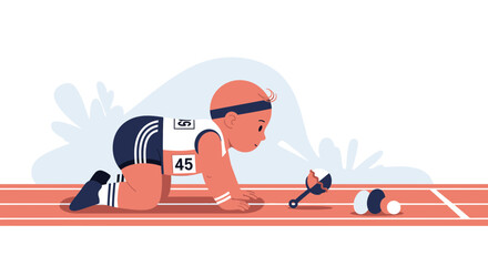 Humorous illustration of a baby athlete ready to race towards a baby rattle toy