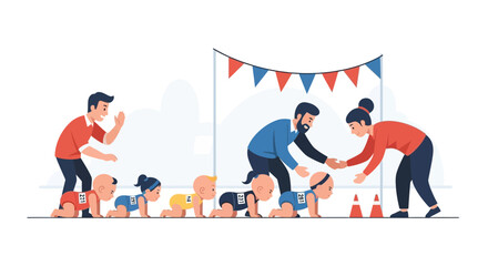 Humorous Illustration Of Parents Cheering On Their Babies Crawling Race