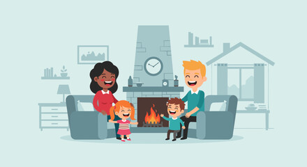 Happy family enjoying time together by the fireplace - perfect for family, home, and warmth themed projects.
