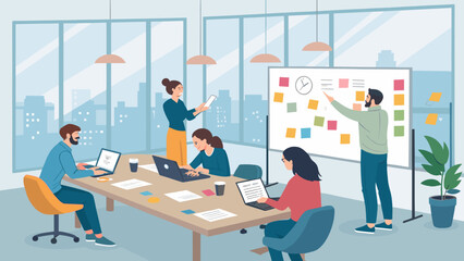 Team brainstorming session in a modern office, ideal for website banners or project management presentations.