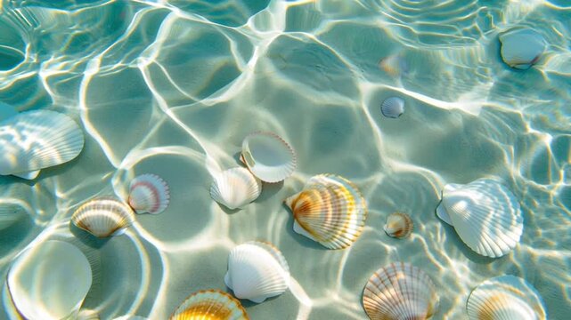 Underwater scene featuring various seashells resting on sandy ocean floor, illuminated by sunlight creating beautiful reflections and patterns in clear water