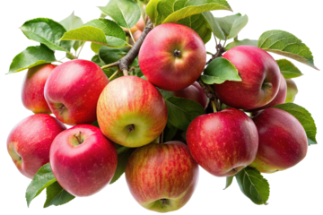 A lush bunch of ripe red apples with green leaves hanging from a branch isolated on transparent background