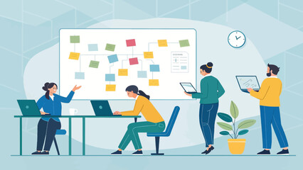 Teamwork and Collaboration: Diverse team brainstorming and planning a project using sticky notes and laptops. Ideal for business presentations or website landing pages.