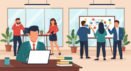 Diverse business team collaborating in a modern office, ideal for presentations on teamwork and productivity.