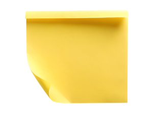 yellow sticky note top view with one corner rolled  isolated on white background. PNG Transparent file type with high definition quality And vibrant color grading Available.