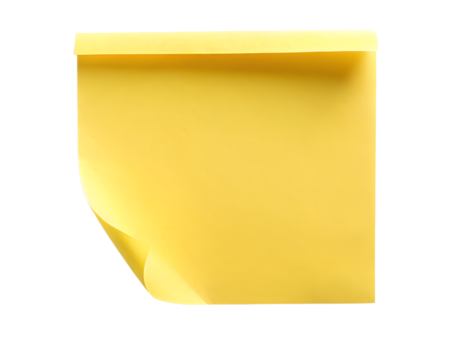 yellow sticky note top view with one corner rolled  isolated on white background. PNG Transparent file type with high definition quality And vibrant color grading Available.