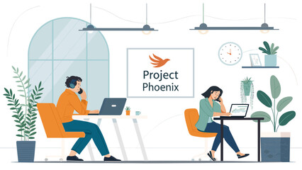 Modern co-working space illustration perfect for website banners, brochures, and marketing materials.