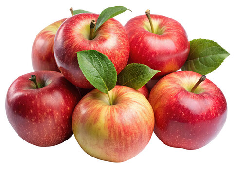 A vibrant cluster of ripe red apples with green leaves showcasing their natural beauty and freshness isolated on transparent background