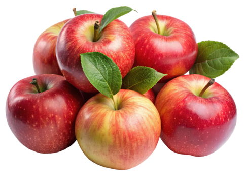 A vibrant cluster of ripe red apples with green leaves showcasing their natural beauty and freshness isolated on transparent background