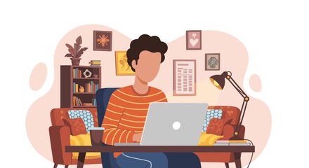 Person working from home on laptop, cozy home office illustration for blog, website or social media.