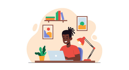 Happy young man working on laptop at home office, perfect for website or blog post about remote work.