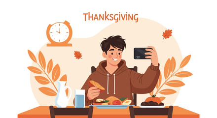 Guy Taking a Photo with Thanksgiving Dinner at Home with Mobile Phone