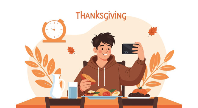 Guy Taking a Photo with Thanksgiving Dinner at Home with Mobile Phone