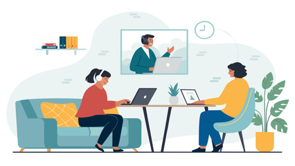 Remote team collaboration: Two colleagues working from home, attending a virtual meeting. Ideal for websites, presentations, and articles about remote work.