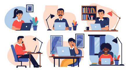 Diverse group of people working remotely from home, perfect for illustrating work from home, telecommuting, or remote work concepts.