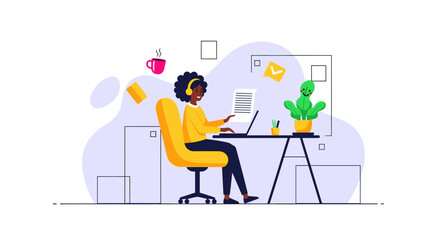 Happy woman working from home, perfect for illustrating remote work, freelance, or productivity on a website or blog.