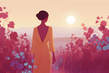 Woman in yellow dress admiring vineyard at sunset. Journey through nature with grapes and leaves during golden hour.