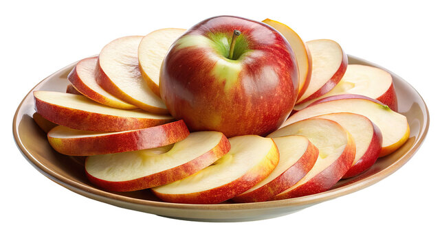 A whole red apple sits atop a circular arrangement of perfectly sliced apple wedges in a shallow bowl isolated on a transparent background isolated on transparent background