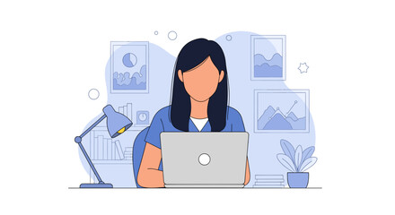 Woman working on laptop, illustration for website or blog post about remote work, freelance, or online business.