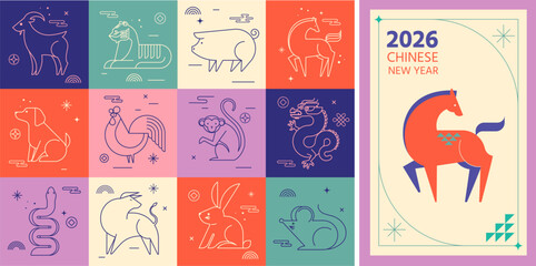 Plakat Chinese horoscope zodiac signs collection, geometric linear minimalist style. Animals symbols for Chinese New year.