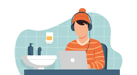 Person working on laptop in bathroom, perfect for illustrating remote work flexibility or unusual workspaces.