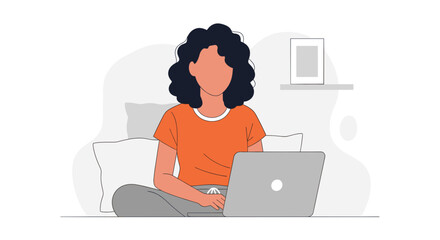 Woman working on laptop from bed, perfect for website banners or blog posts about remote work or work-life balance.