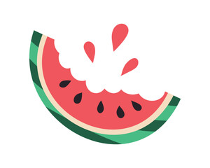 Bitten Piece of Watermelon with Drops of juice. Half of fresh summer Fruit with seeds and striped rind. Trace of bites. Healthy Eating, vitamins. Isolated. Flat simple design. Vector illustration