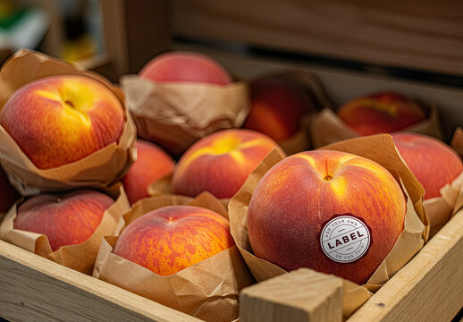 Peach Fruit on Wooden Box Logo Sticker Stamp Mockup