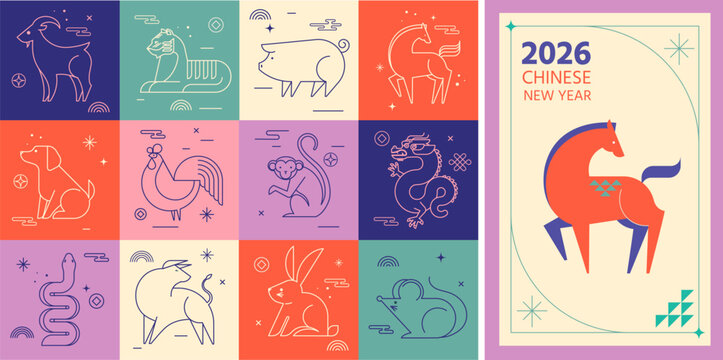Chinese horoscope zodiac signs collection, geometric linear minimalist style. Animals symbols for Chinese New year. - Powered by Adobe