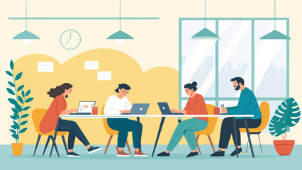 Teamwork in a modern office: Diverse colleagues collaborating on laptops. Ideal for website banners, business presentations, and brochures.