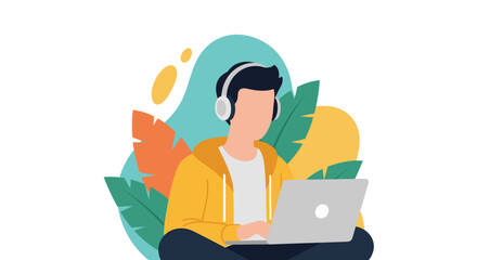 Young man working on laptop with headphones, vector illustration perfect for websites and blogs.