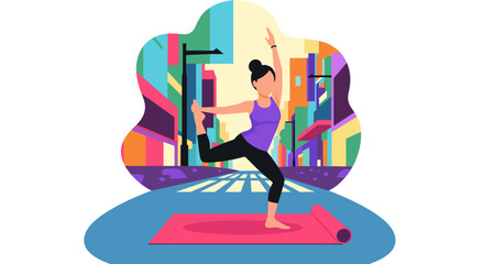 Woman practicing yoga outdoors in the city. Perfect for fitness websites, blogs, or brochures.
