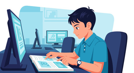 Focused Student Studying With Book And Computer Display For Online Education