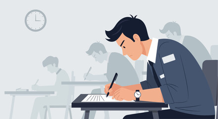 Focused Student Taking A Test In Classroom With Other Students Vector Graphic