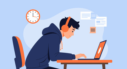 Focused Student Using Laptop For Online Learning and Home Education