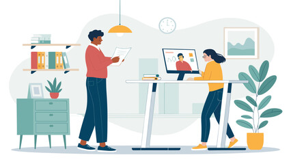 Modern office coworkers collaborating: one reviewing documents, the other in a video conference on a treadmill desk. Ideal for articles on remote work, modern offices, or workplace wellness.