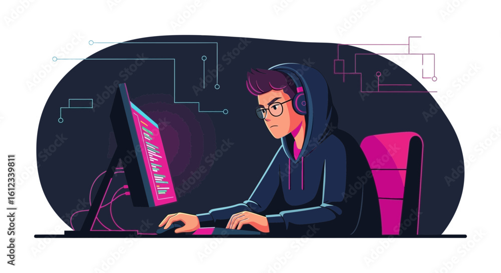Wall mural focused young coder developing software with headphones at night in the dark