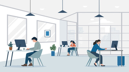 Modern co-working space illustration, perfect for websites and brochures showcasing flexible work environments.