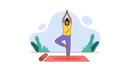 Fototapeta premium Woman practicing yoga tree pose - perfect for wellness websites, health blogs, or fitness apps.