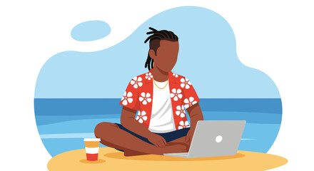 Man working on laptop at the beach, perfect for remote work, digital nomad, and travel blog concepts.