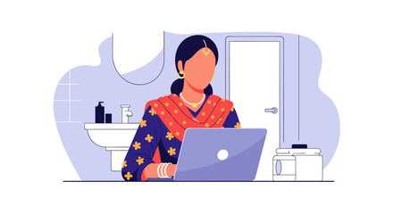 Indian woman working on laptop from home, perfect for websites and brochures promoting remote work or diversity.