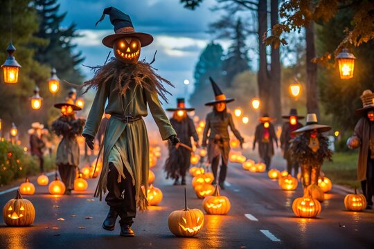 A spooky scarecrow leads a halloween parade on a street lined with jackolanterns